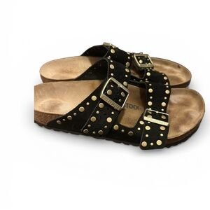 Birkenstock Arizona Black Suede Sandals with Gold Rivets